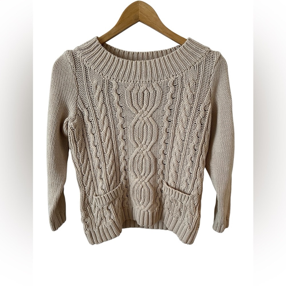 Chico's Size 1 Womens Cotton Tan ChunkyCable Knit Long Sleeve Cotton Sweater